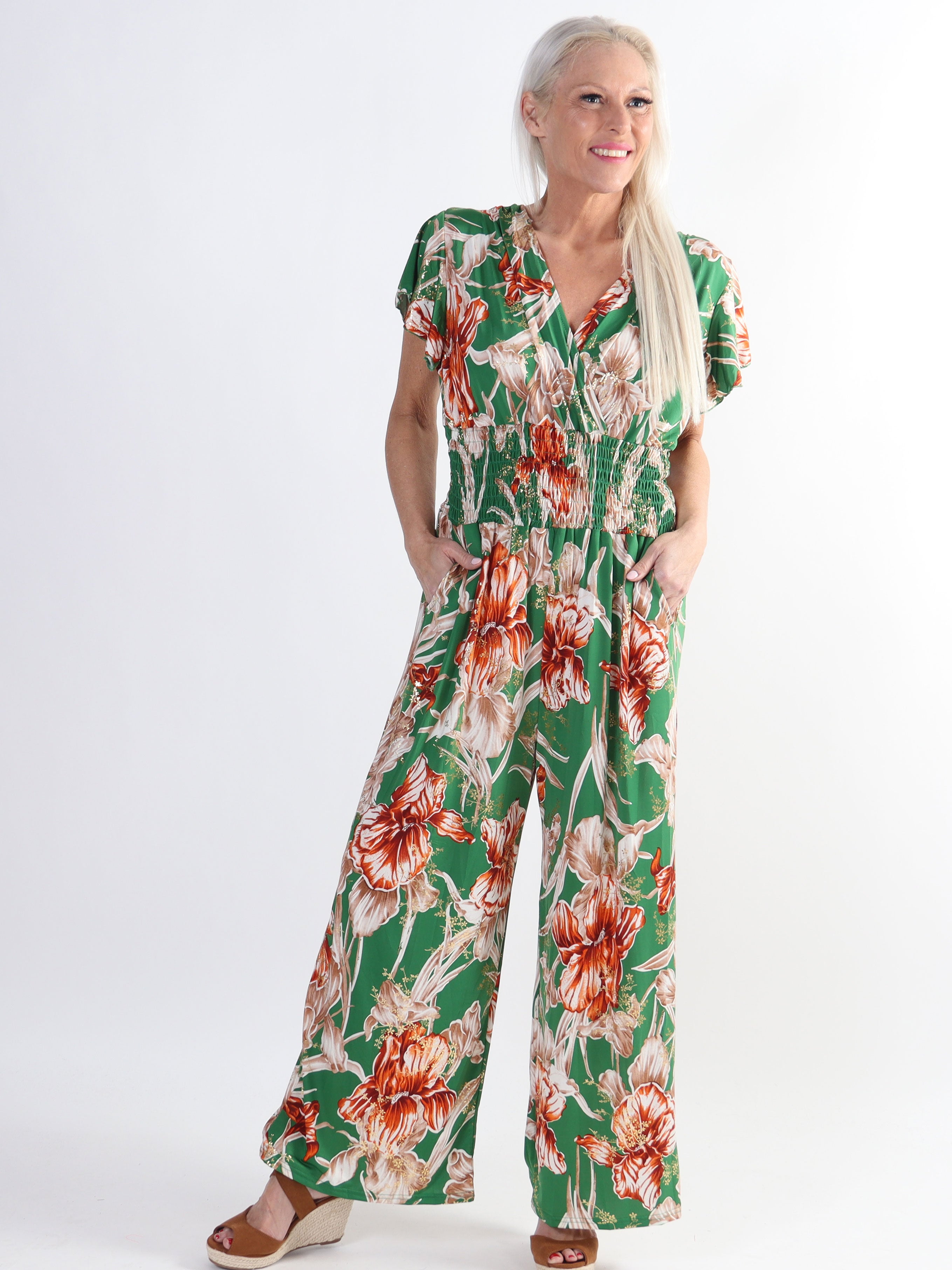 Pams Spring Jumpsuit O/B - Blomstret plus size elastisk buksedragt